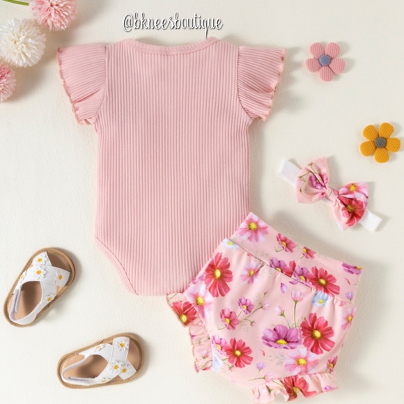 Spring Floral Babygirl Boutique 3pc. Matching Shorts Outfit Set - Picture 2 of 2